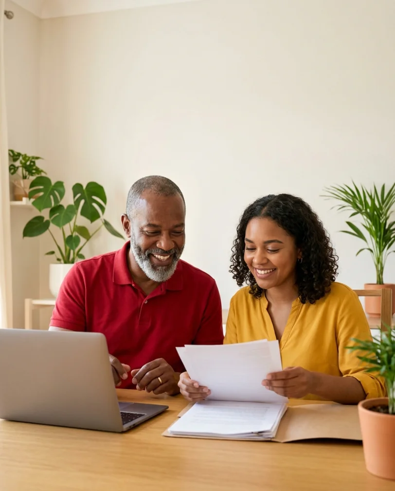 Two RHAND members reviewing loan documents together at a table